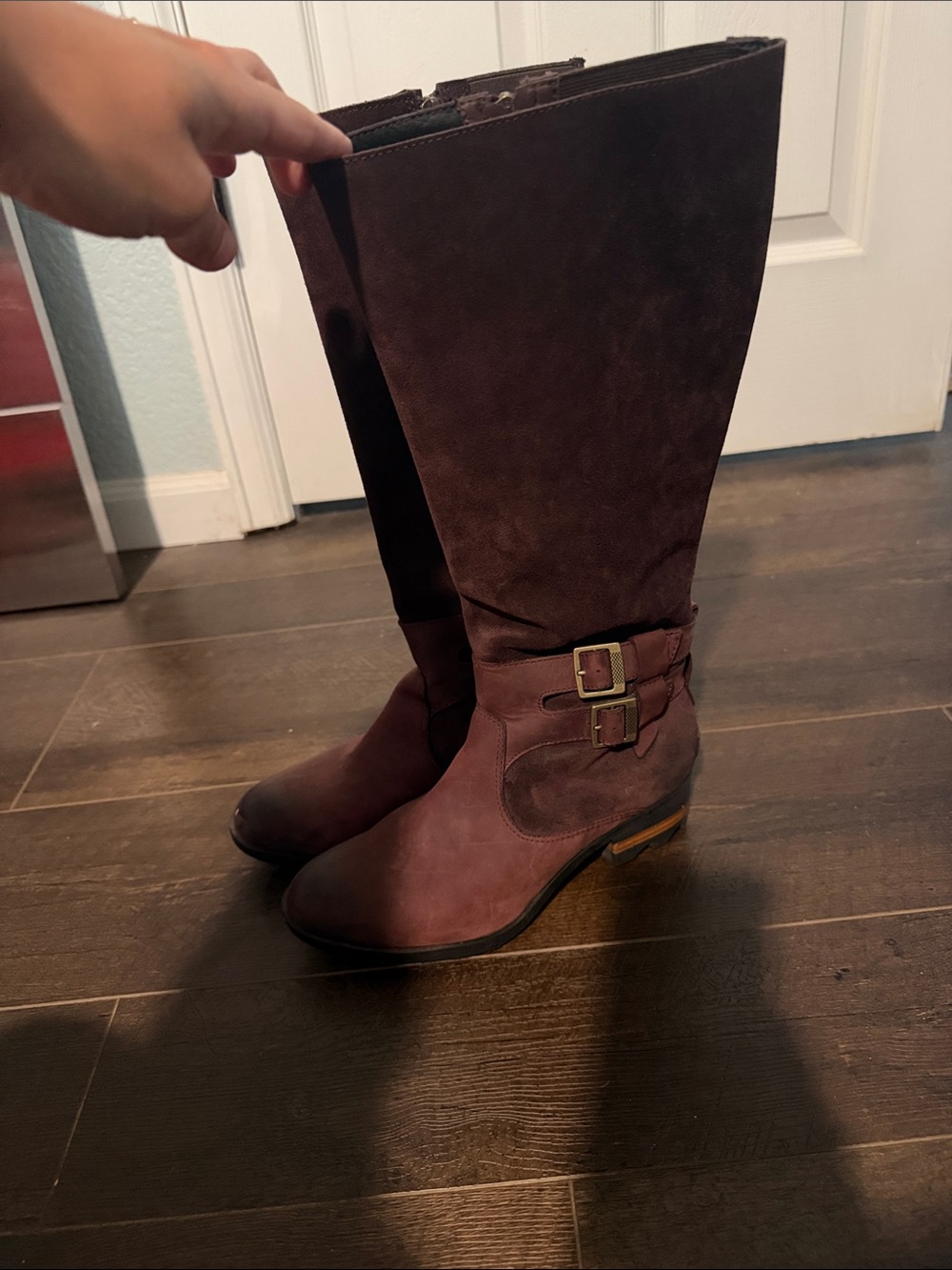Sorel Burgundy Brown Mid-Calf Buckle Heeled Boots
